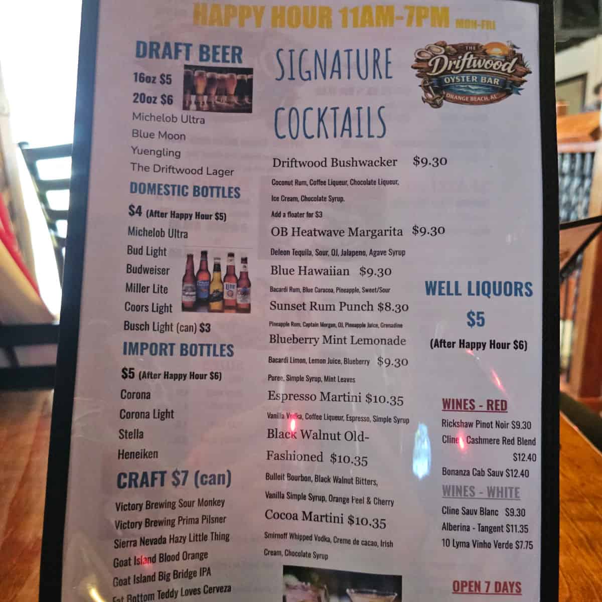 driftwood oyster bar menu with draft beer, signature cocktails