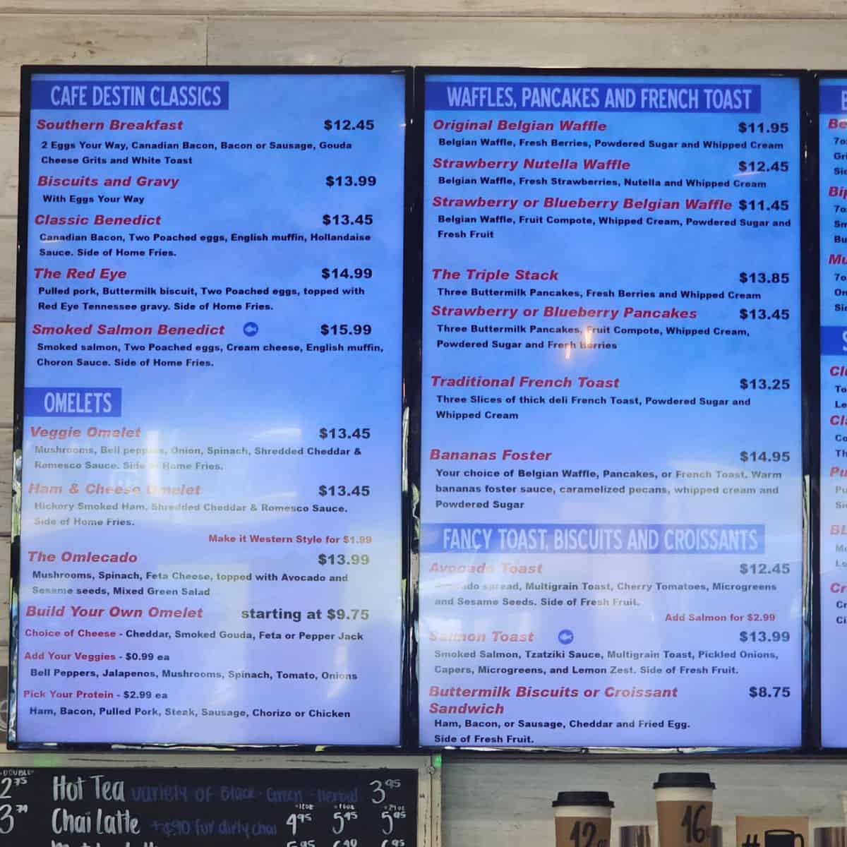 digital menu with Cafe Destin Classics, Omelets, Waffles, pancakes, and french toast, fancy toast, biscuits, and croissants