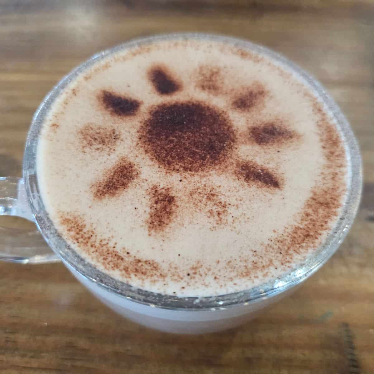 chai tea in a glass cup with a sun dusted on top made out of cinnamon