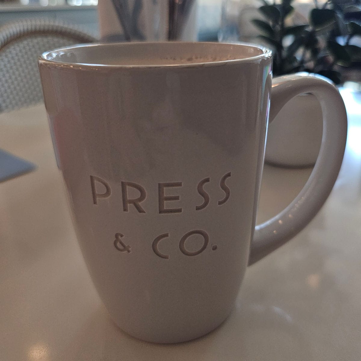 Press & Co white mug with a plant behind it