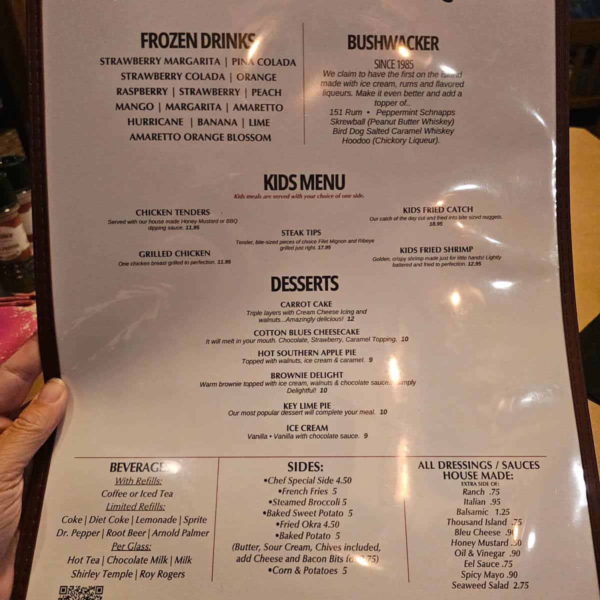 Cotton's Restaurant menu with frozen drinks kids menu and desserts plus sides and sauces