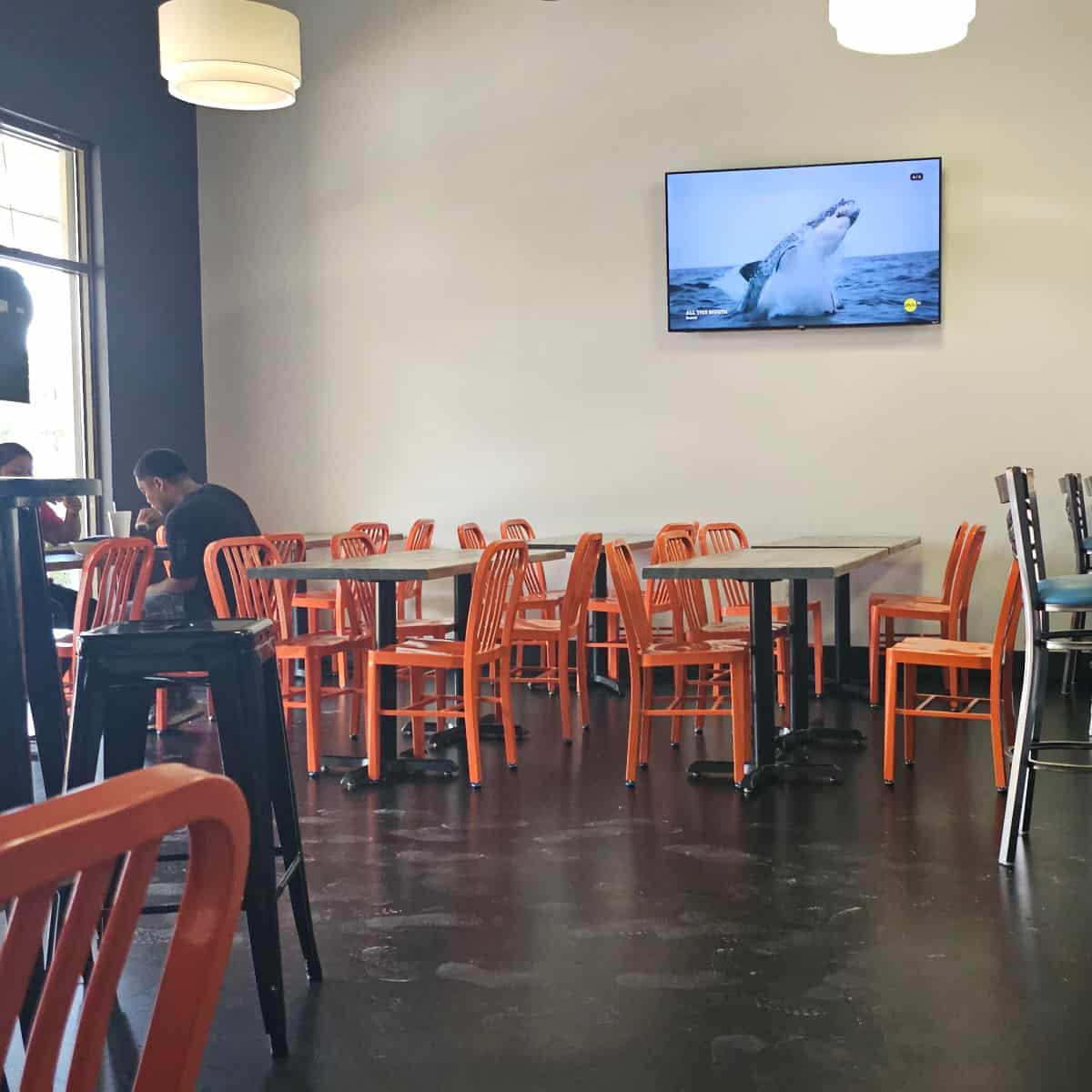 Indoor seating with tables and orange chairs, flat screen on the wall with a shark leaping out of the water