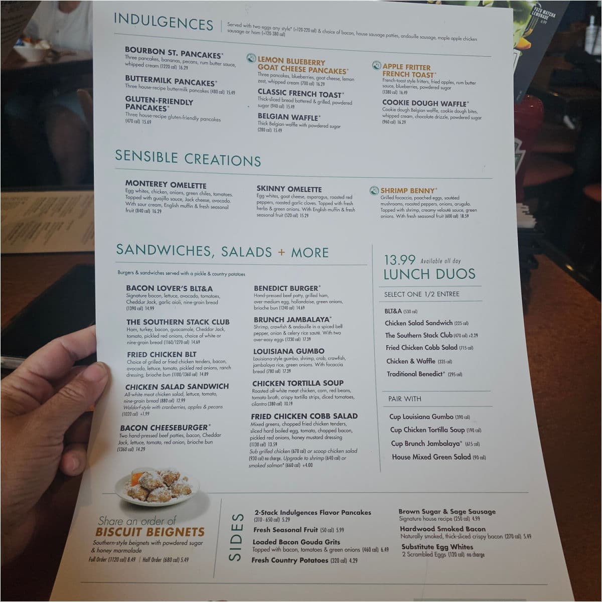 Another Broken Egg Cafe menu with indulgences, sensible creations, and sandwiches, salads, and lunch duos