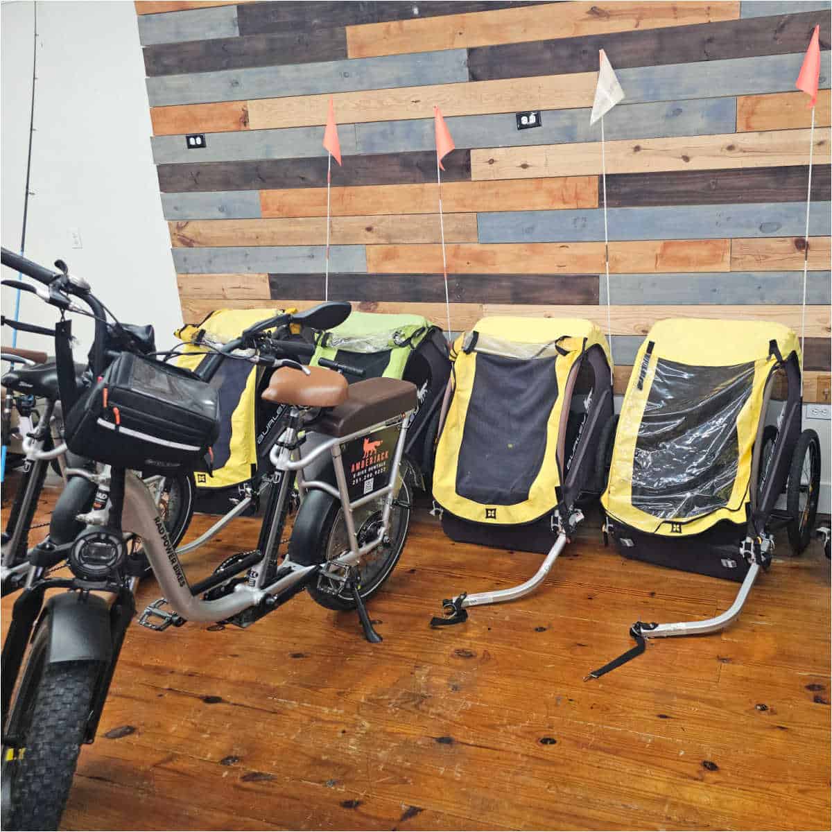 bike with a row of kid carriers that can attach to the bikes behind it
