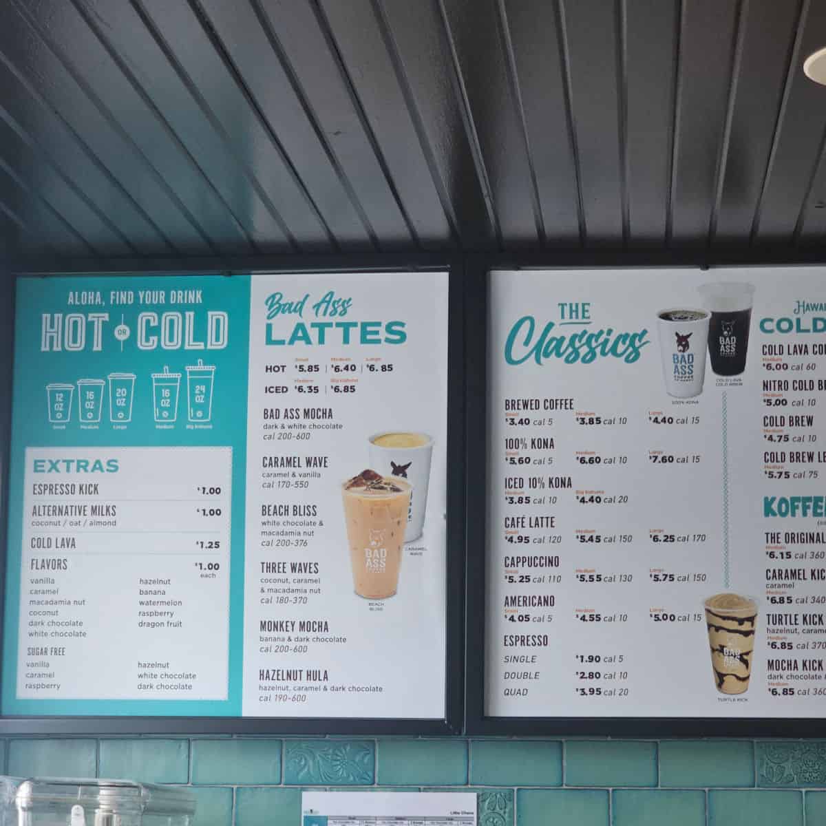Bad Ass Coffee menu with Hot or cold drinks, bad ass lattes, the classics, koffee