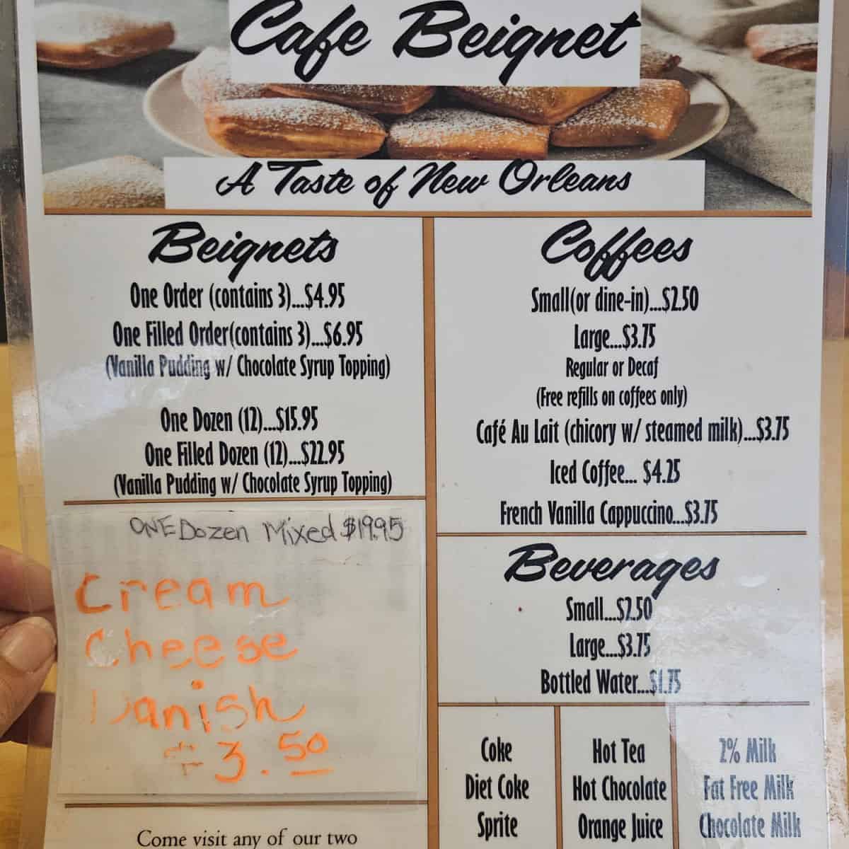 Cafe Beignet's A Taste of New Orleans menu with beignets, coffees, and beverages
