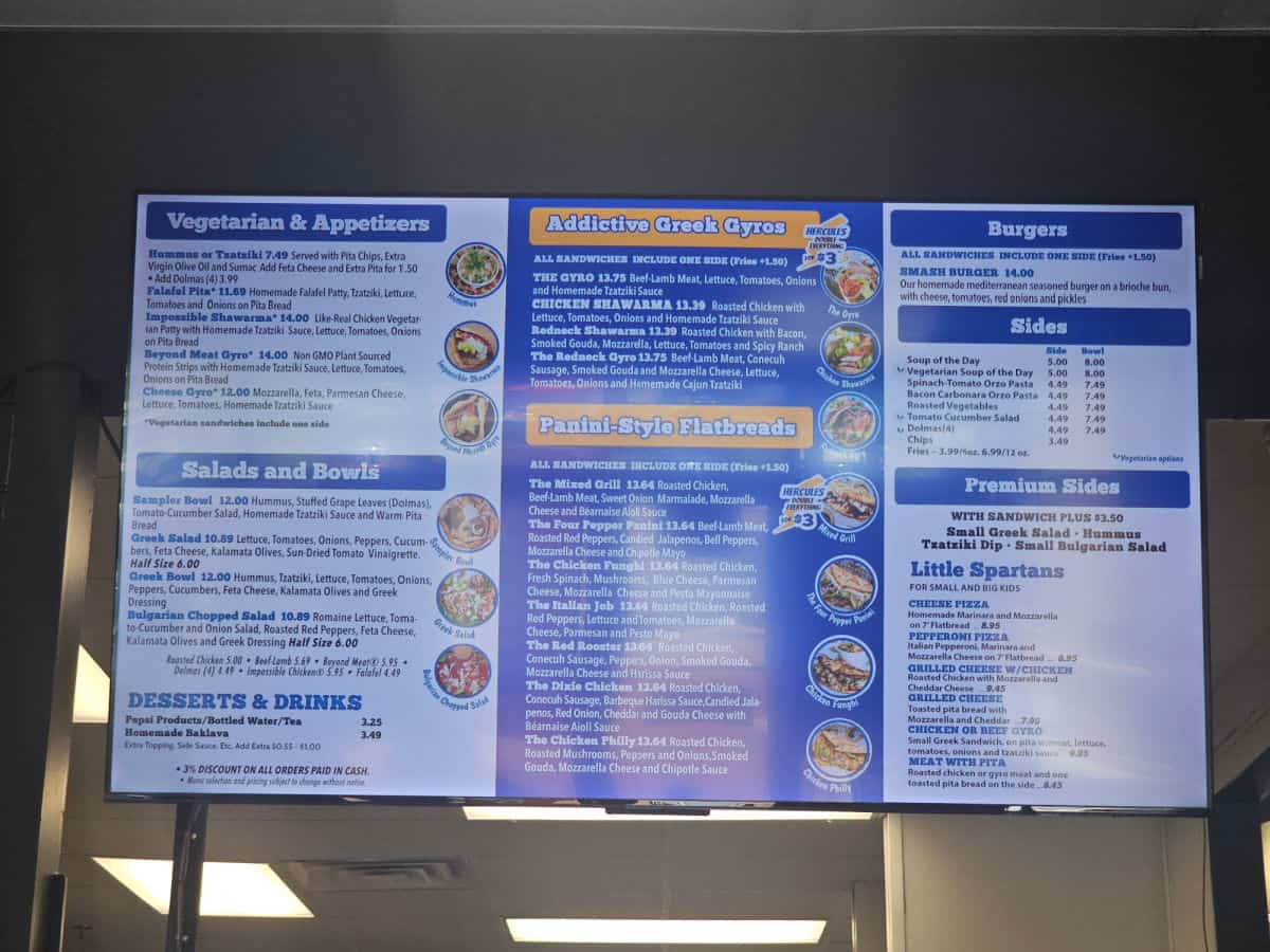 Mediterranean Sandwich Co. menu with vegetarian and appetizers, salads and bowls, addictive Greek Gyros and Panini Style flatbreads, burgers, sides, and premium sides