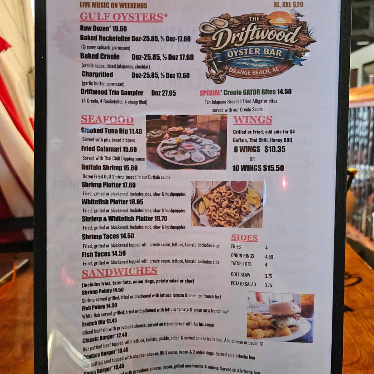 driftwood oyster bar menu with Gulf oysters, seafood, wings, and sandwiches