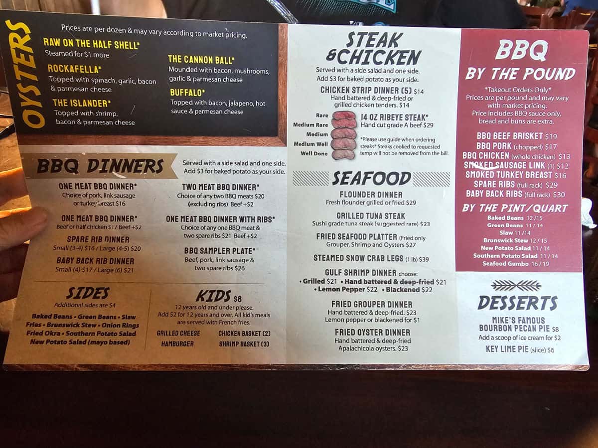 oysters, BBQ dinners, sides, kids steak & chicken and bbq by the pound menu