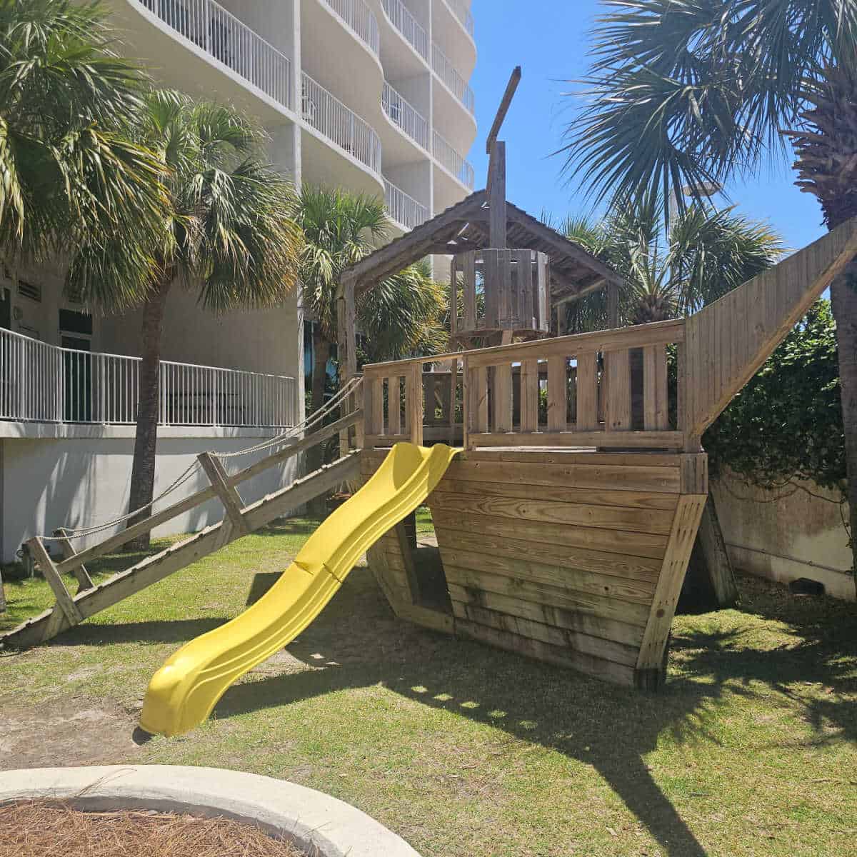 pirate ship play area with yellow slide