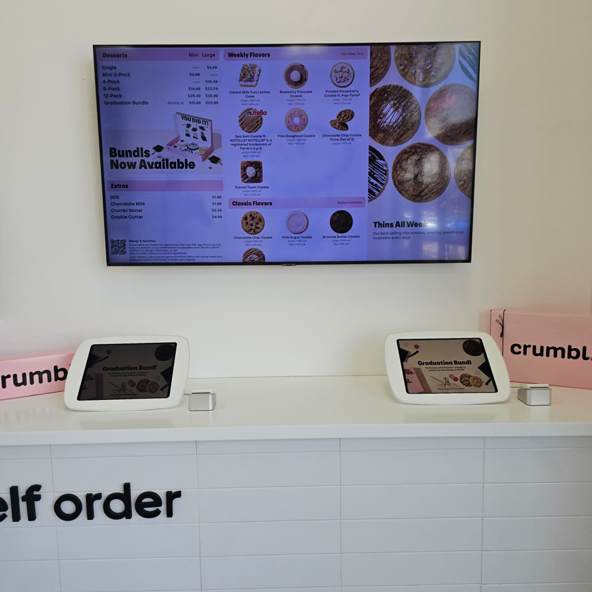 Crumble ordering area with menu screen, and two tablets to order on
