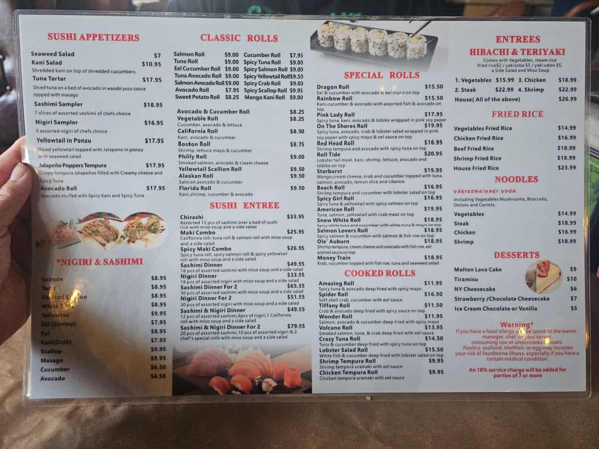 Miso Seafood menu with sushi appetizers, nigiri and sashimi, classic rolls, sushi entree, special rolls, cooked rolls, entrees and fried rice and noodles