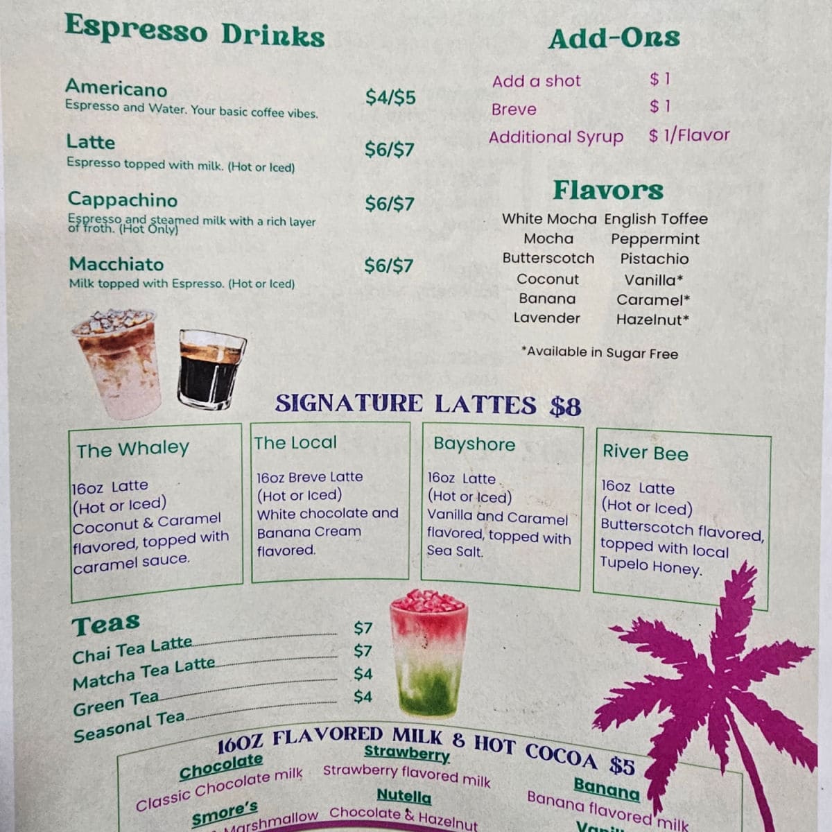 espresso drinks and signature lattes menu