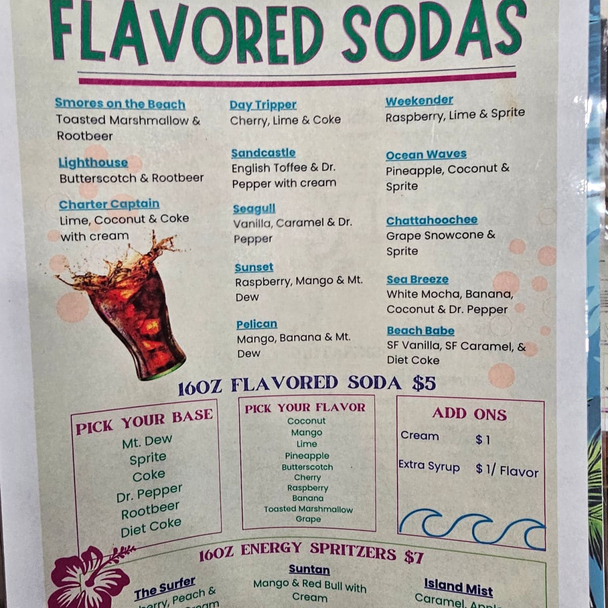 flavored soda menu with options and energy spritzers
