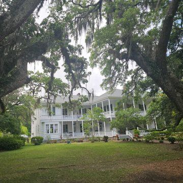 looking through large trees to the two story Swift-Coles house with smaller trees in front