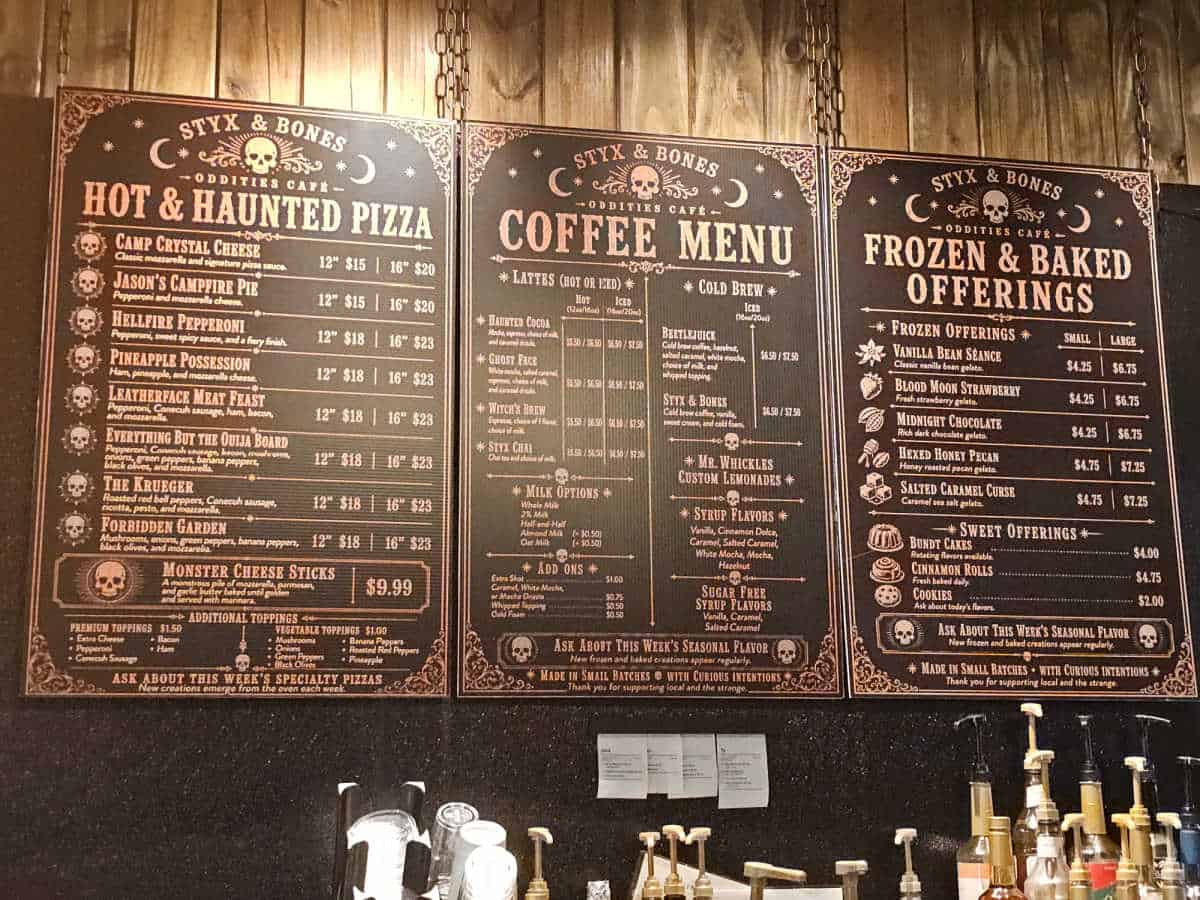 Styx & Bones Oddities Cafe menu with hot & haunted pizzas, coffee menu, frozen and baked offerings