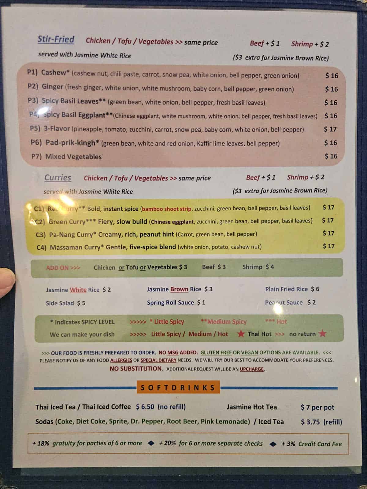 Niki's Thai lunch menu stir fried curries add ons