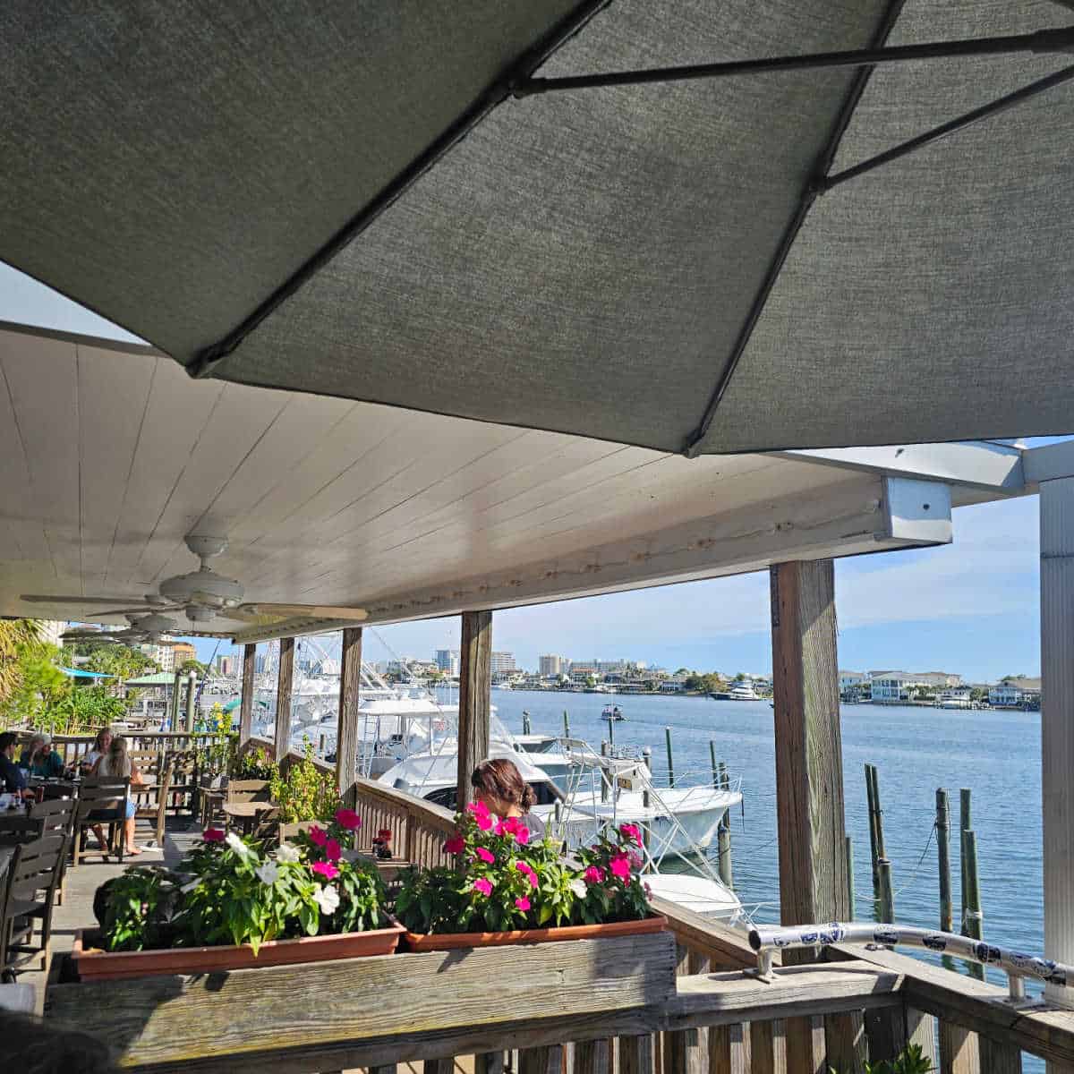outdoor deck looking over the water with people enjoying lunch