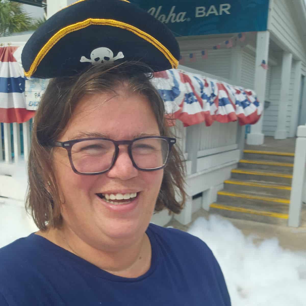 Tammilee wearing a pirates hat with foam around her