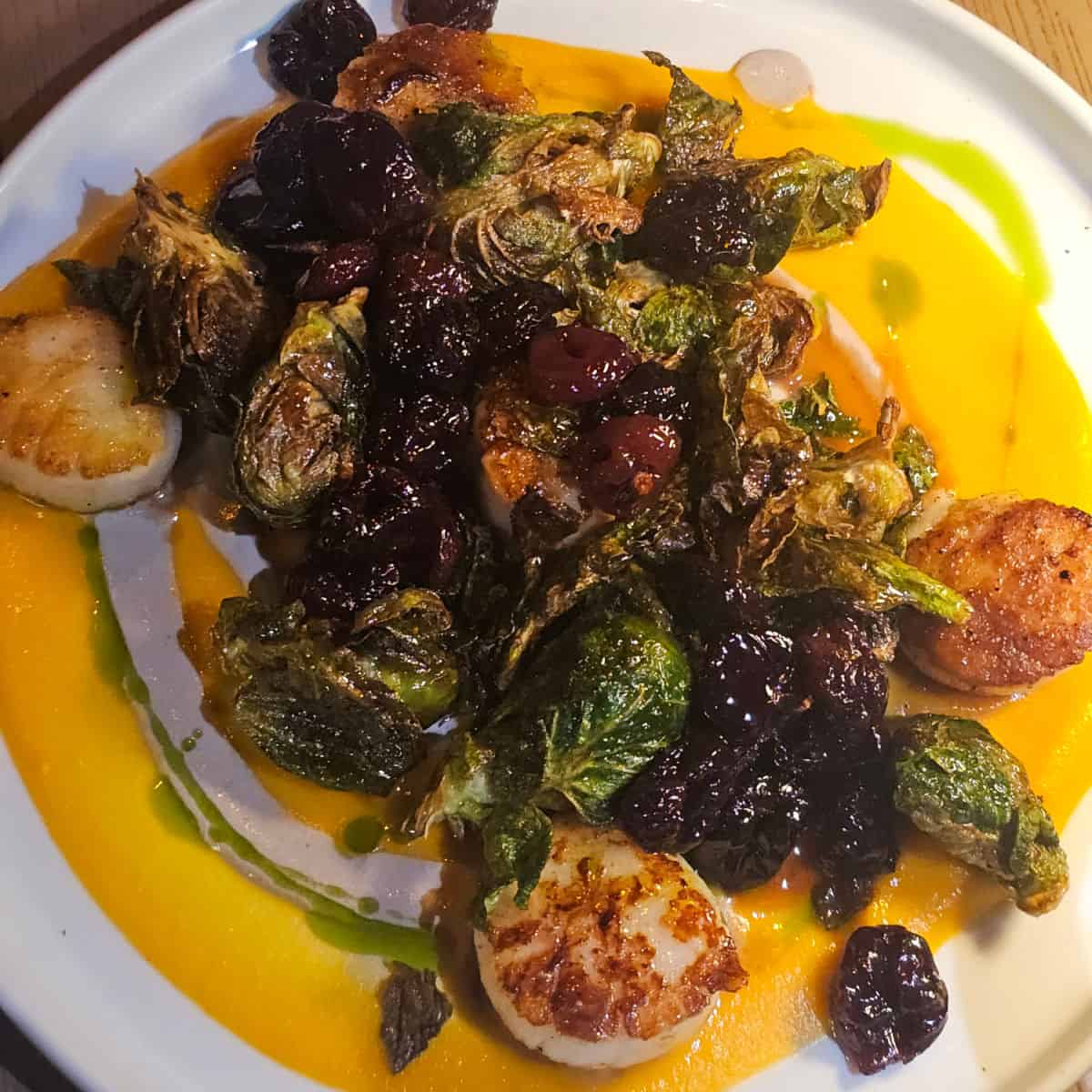 white plate with scallops, Brussels sprouts, and an orange and green sauce