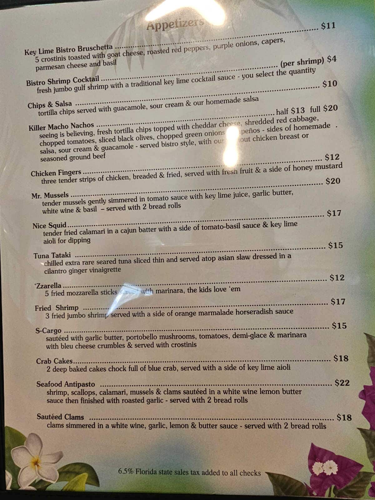appetizer menu at Key Lime Bistro
