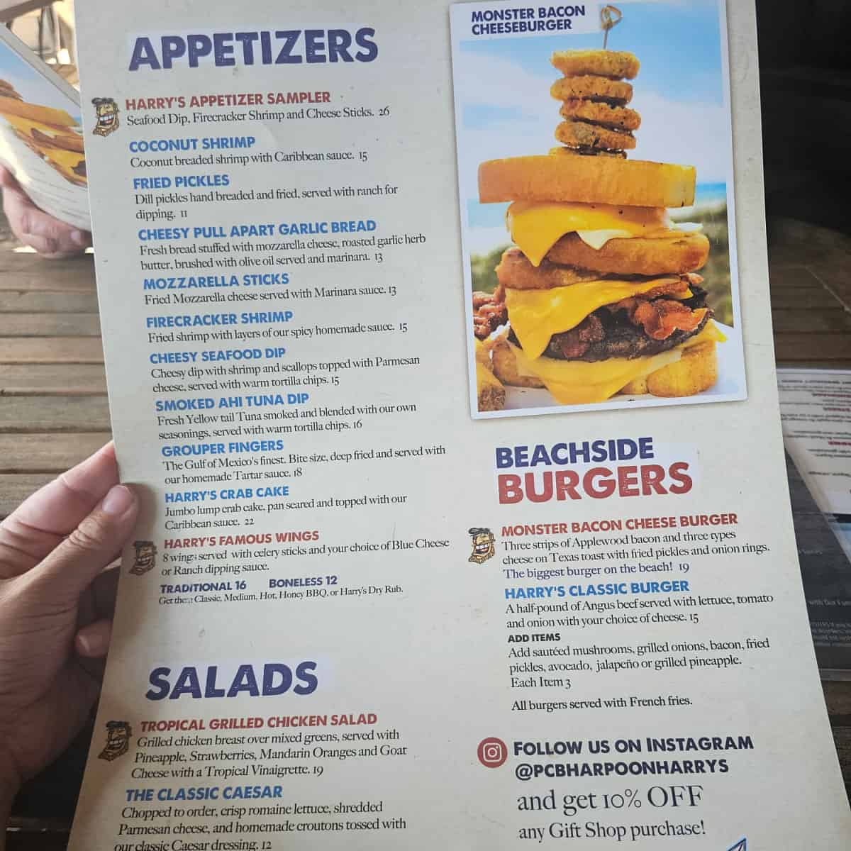 Harpoon Harry's Menu with appetizers, salads, beachside burgers