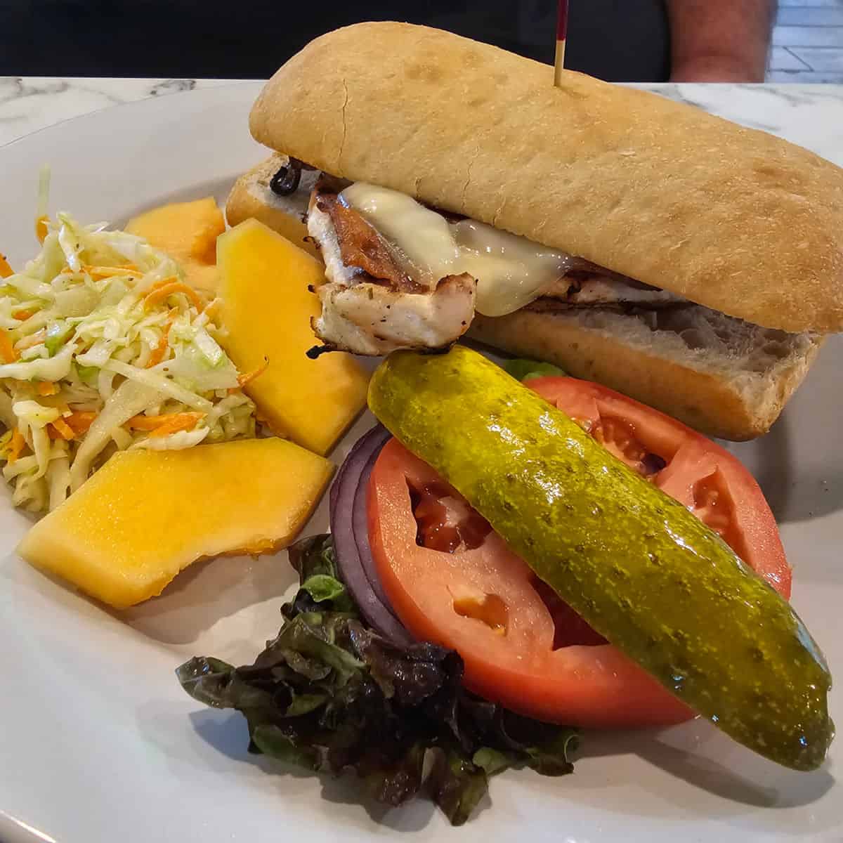 sandwich on a hoagie bun with a pickle, tomato, and onions next to it
