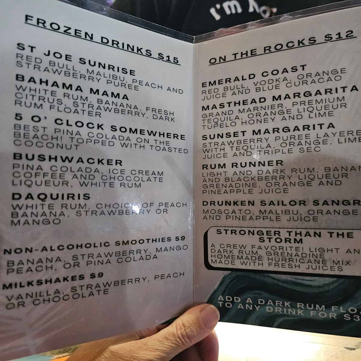 Frozen drinks and on the rocks drink menu