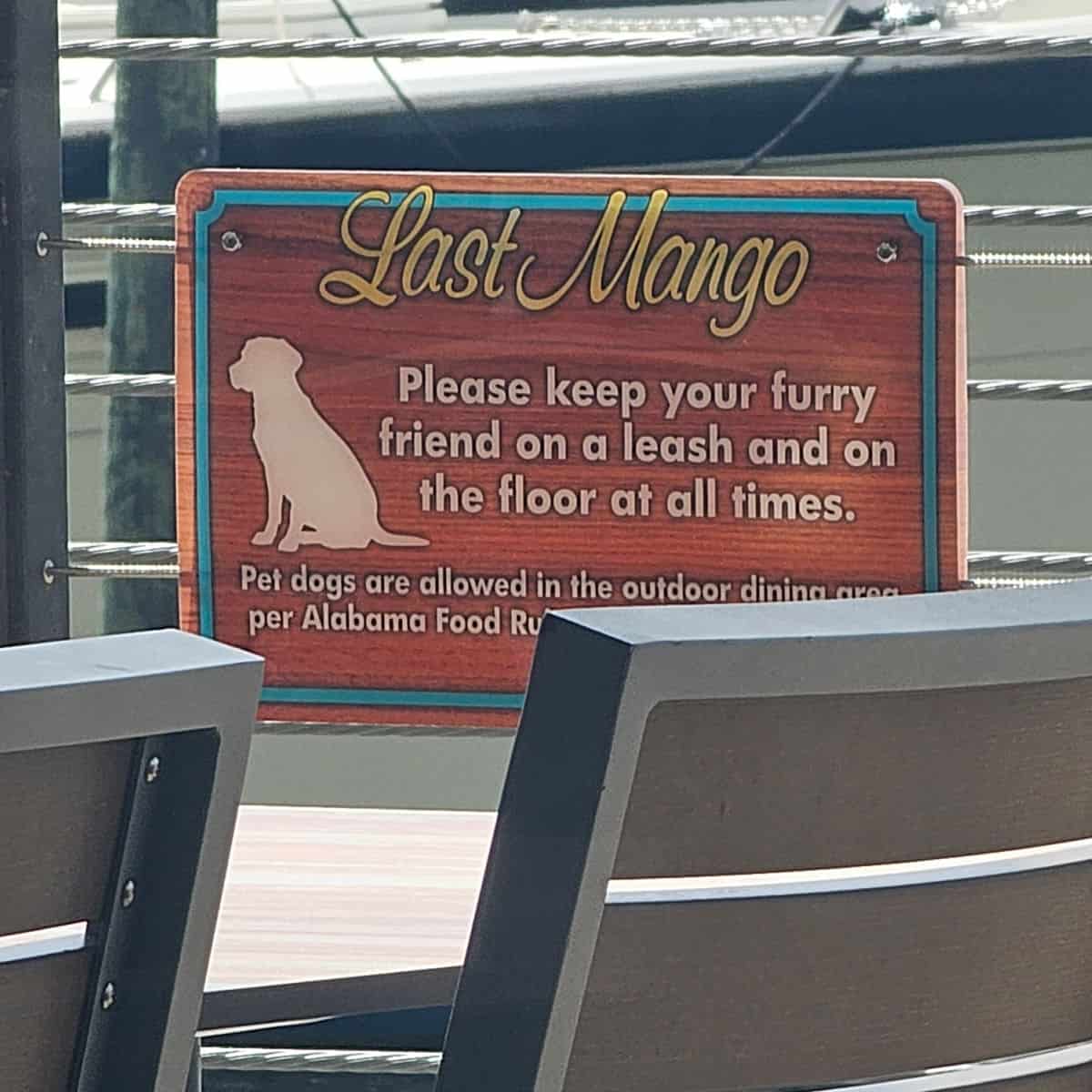 last mango furry friends on a leash sign by chairs