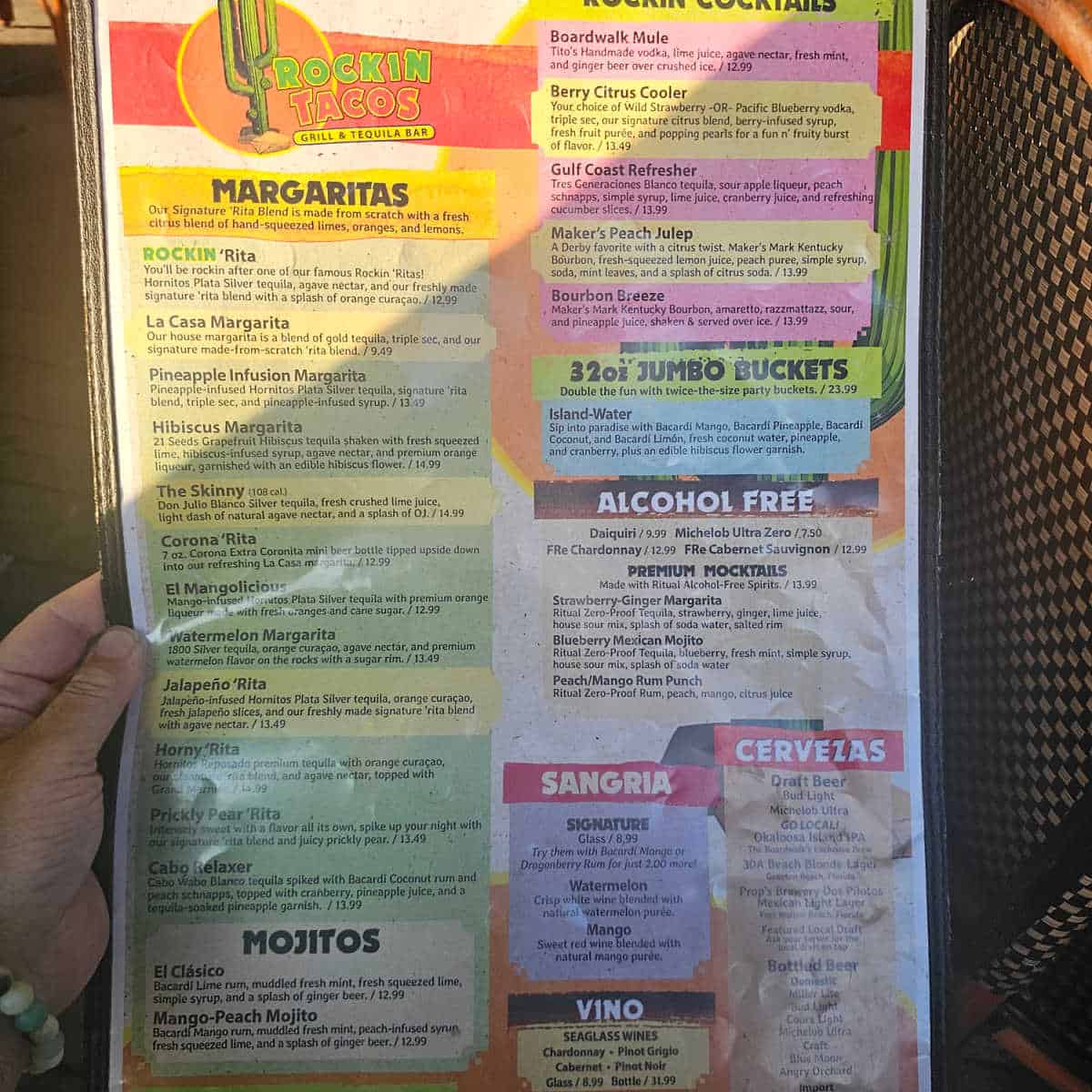 Rockin Tacos menu with margaritas mojitos beach cocktails and alcohol free options