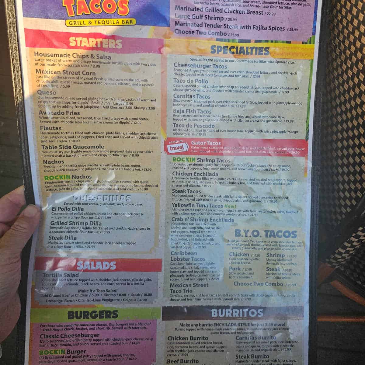 Rockin Tacos menu with starters quesadillas salads burgers specialties and burritos