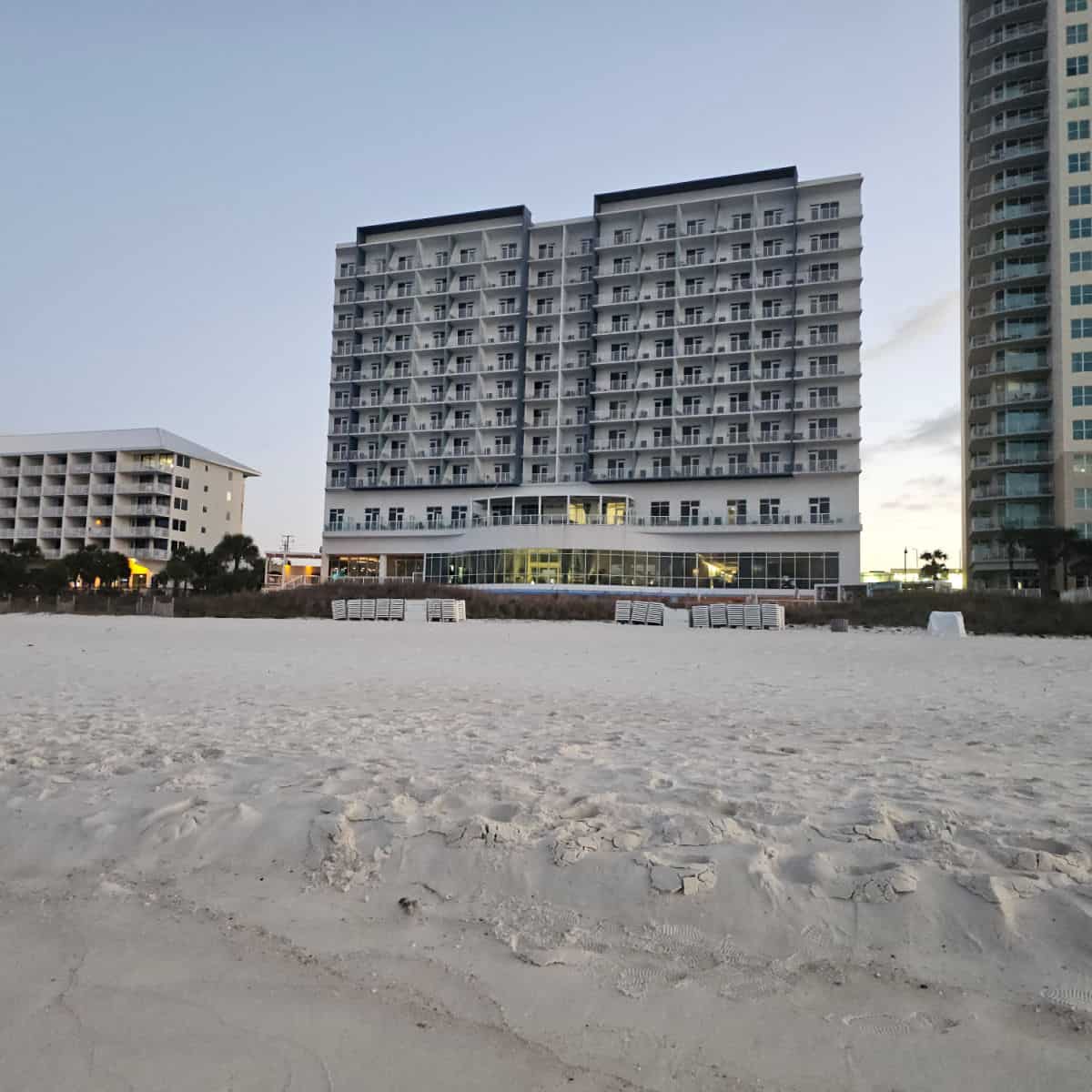 looking up the sand to the Hyatt Place Panama City Beach