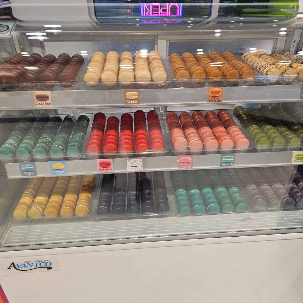 macarons in a glass case