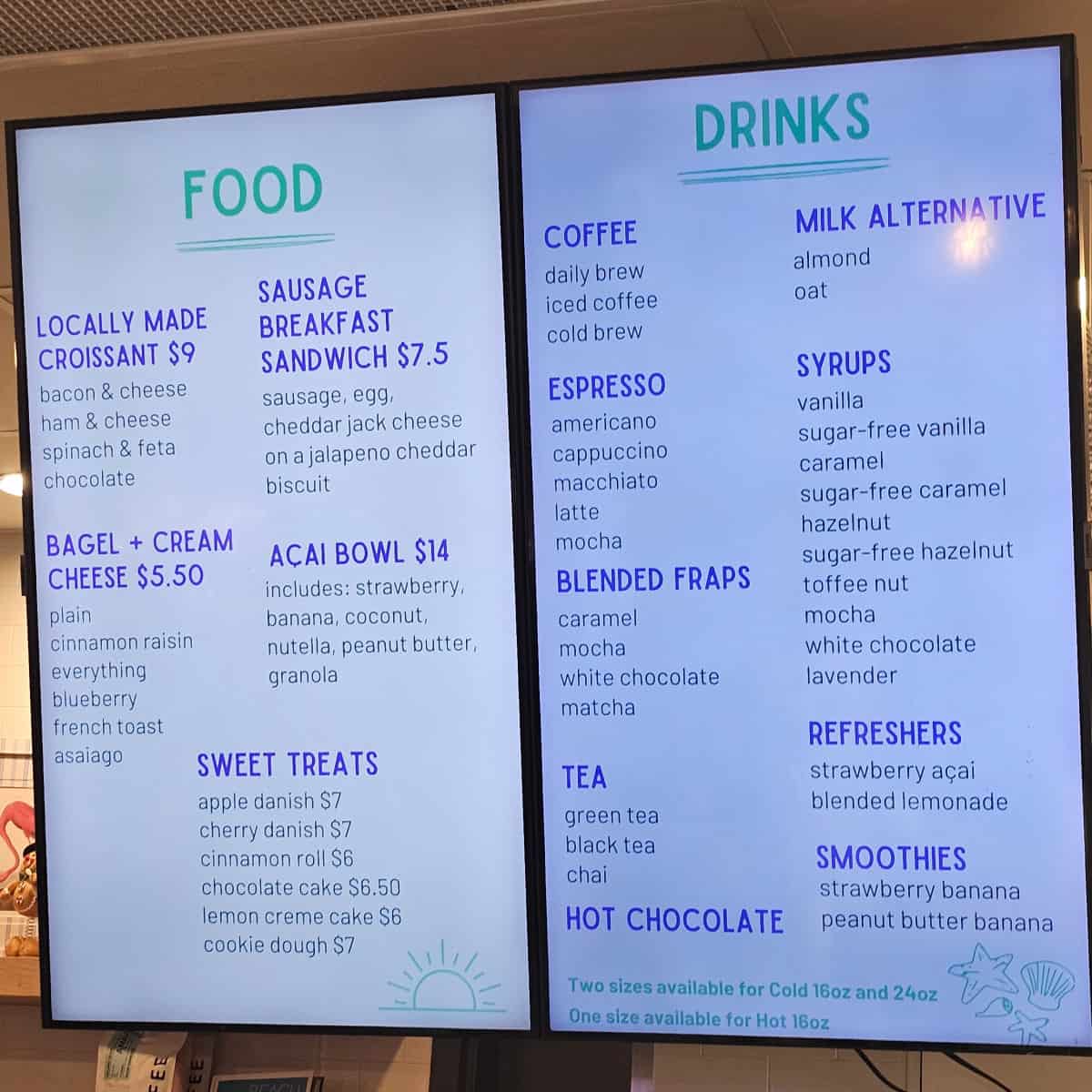 Food and drinks menu for Oasis Coffee Shop