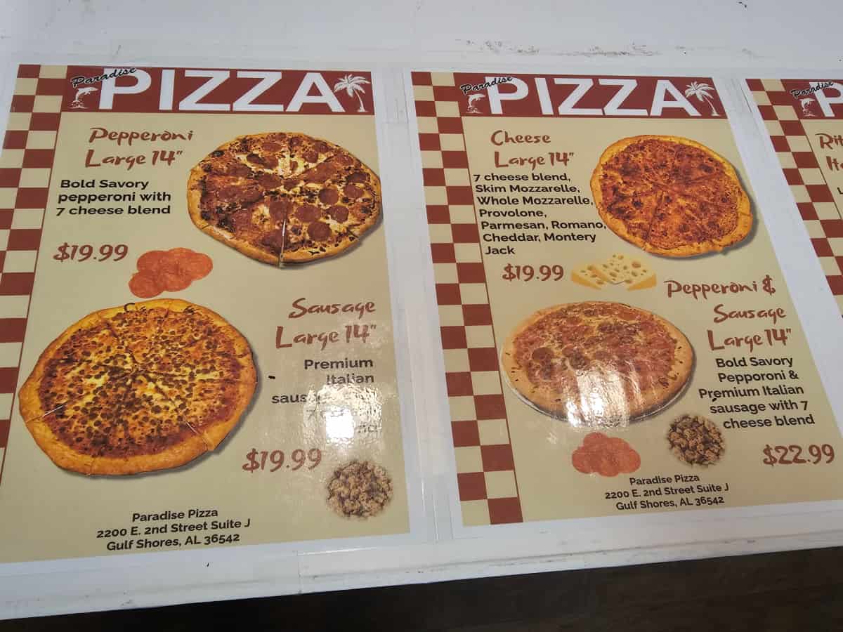 Paradise Pizza menu with pepperoni, sausage, cheese, pepperoni & sausage