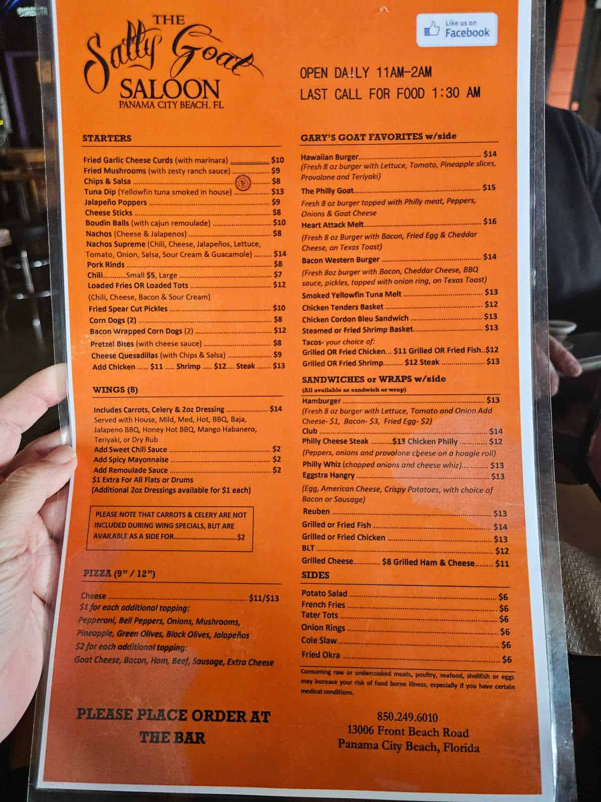 Salty Goat Saloon Menu with starters, wings, goat favorites, pizzas, sandwiches, and sides