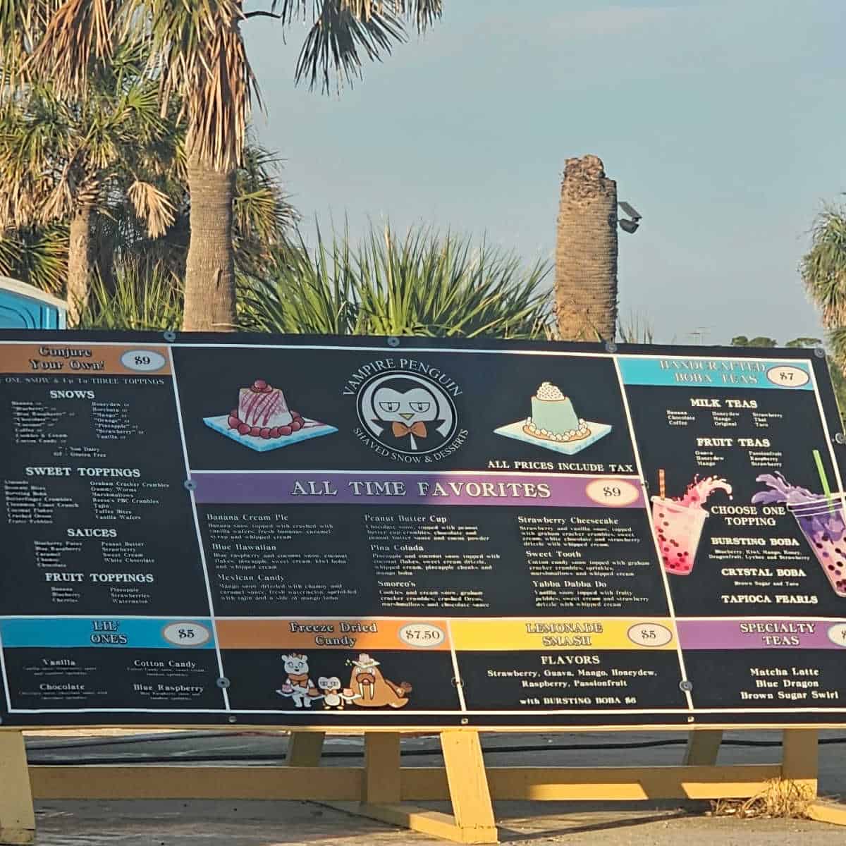 Vampire Penguin Menu with snows, lemonade smash, boba teas, and lil ones