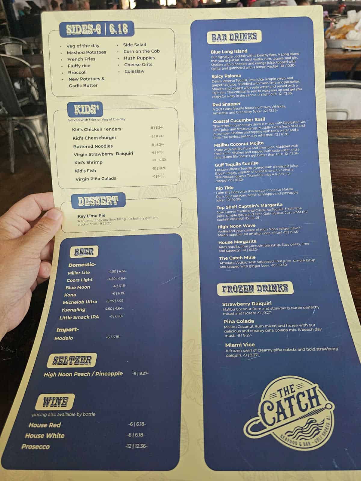 sides, kids, dessert, and drinks menu with The Catch logo on the menu
