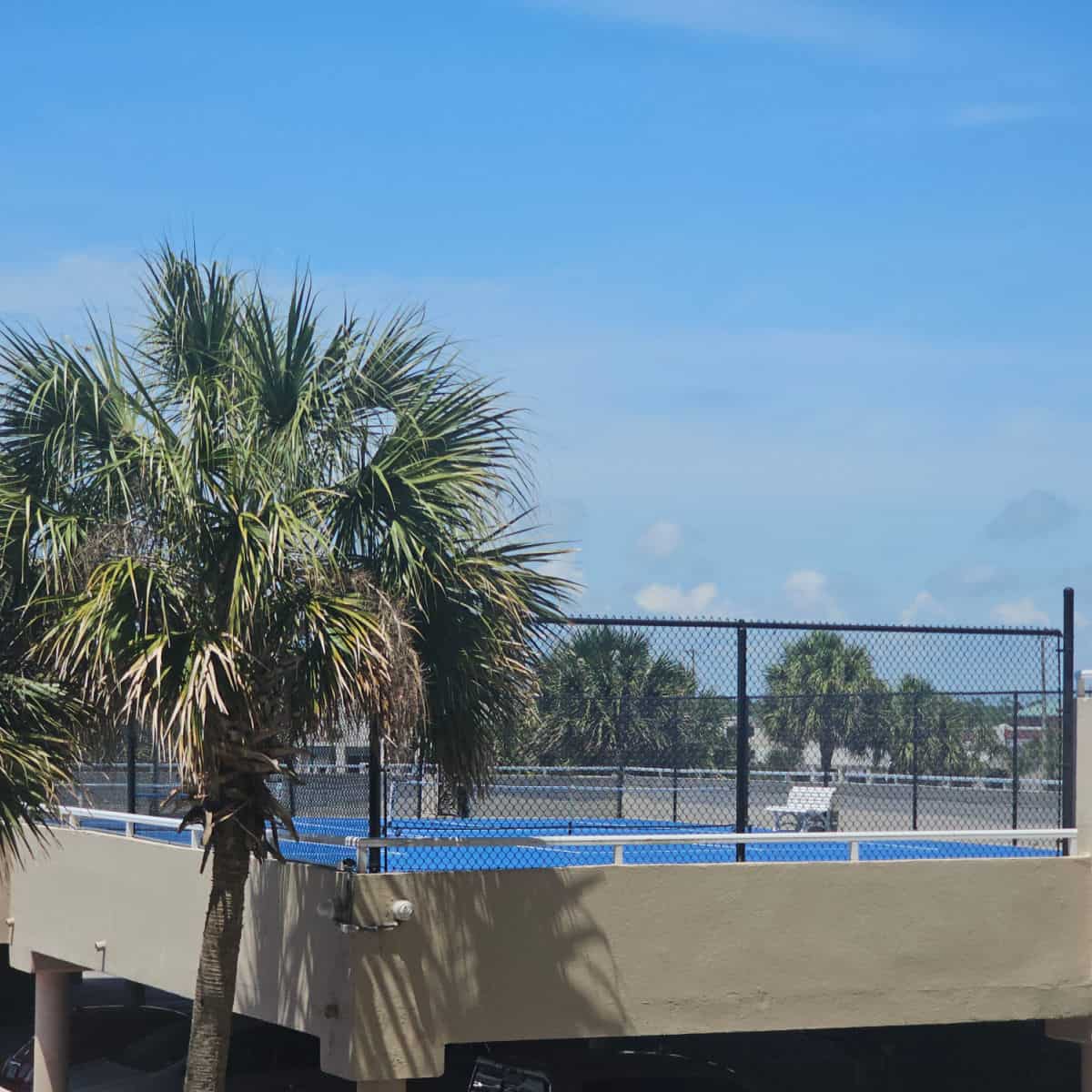 Tennis court above the parking area with palm trees along the side