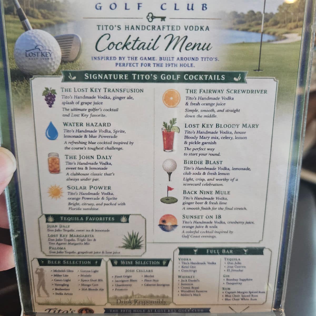 Lost key golf club cocktail menu with drinks listed