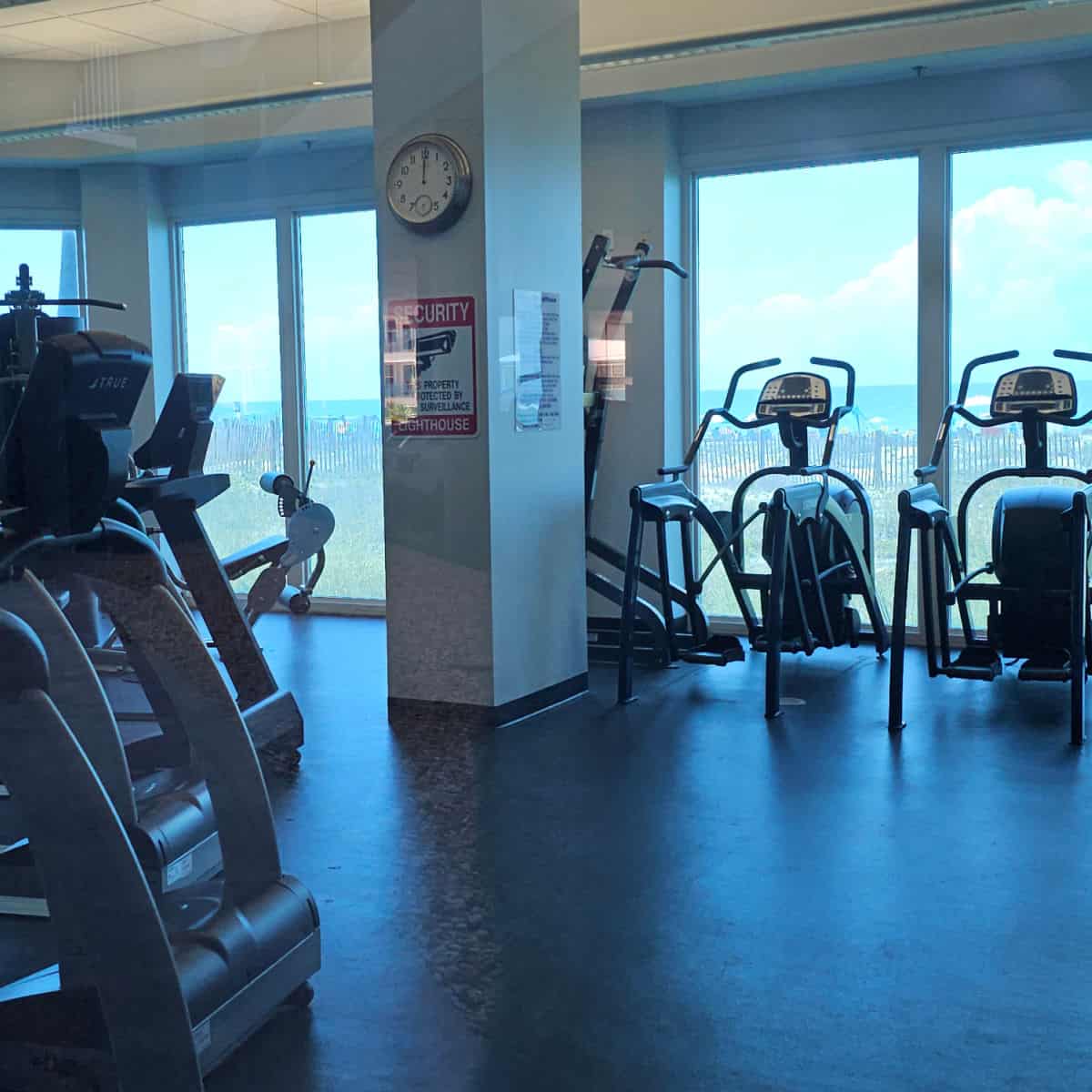 fitness center looking out towards the beach and Gulf waters