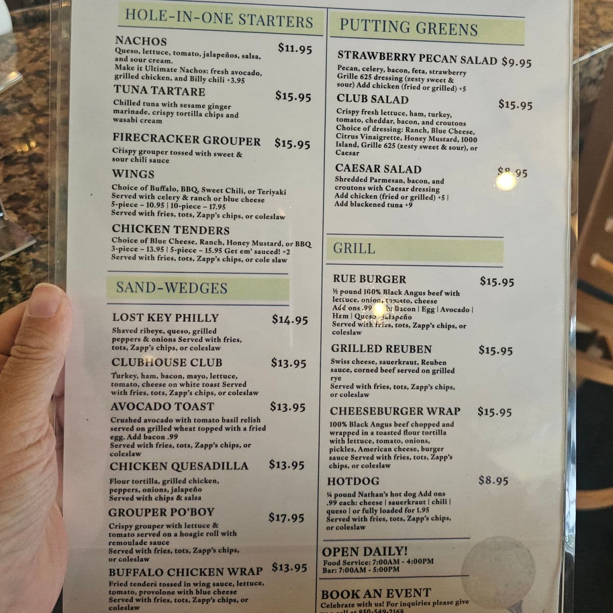 Grille 625 lunch menu with hole-in-one starters, sand-wedges, putting greens, and grill items