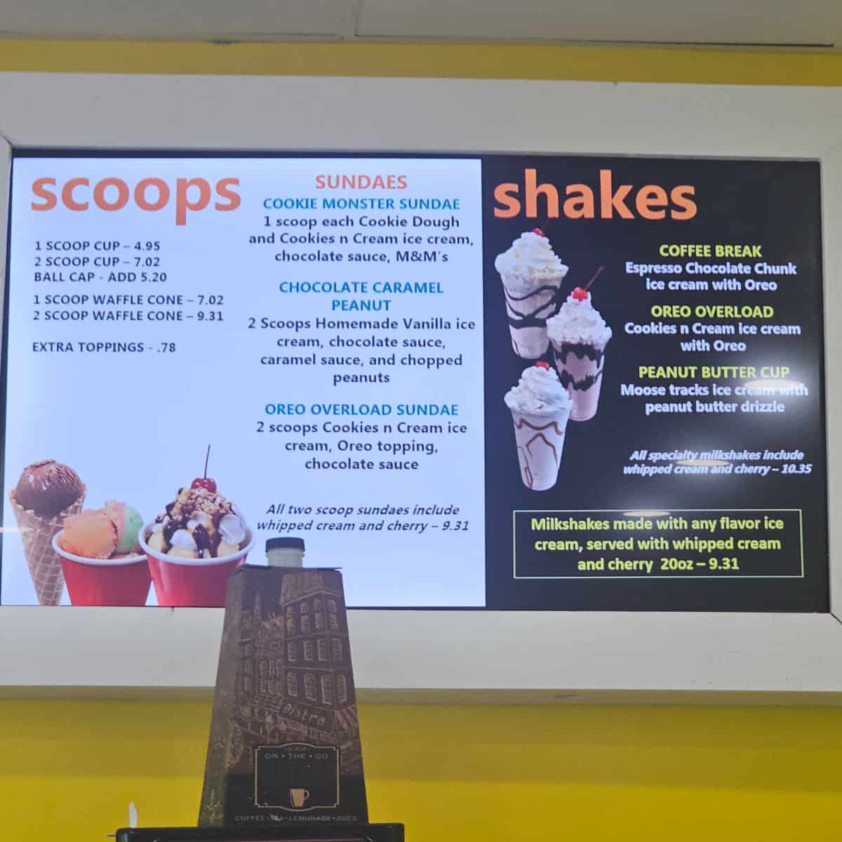 Scoops and Shakes menu screen