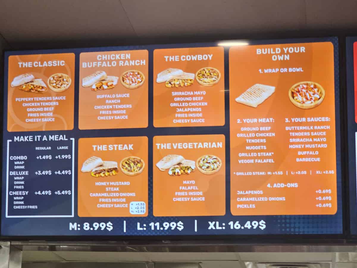 Wraps and bowls menu with meat and sauce options at Fries Inside