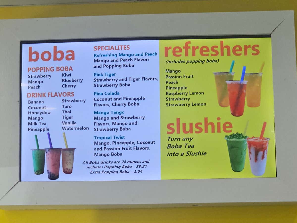 Boba and refresher menu for City Coffee digital screen
