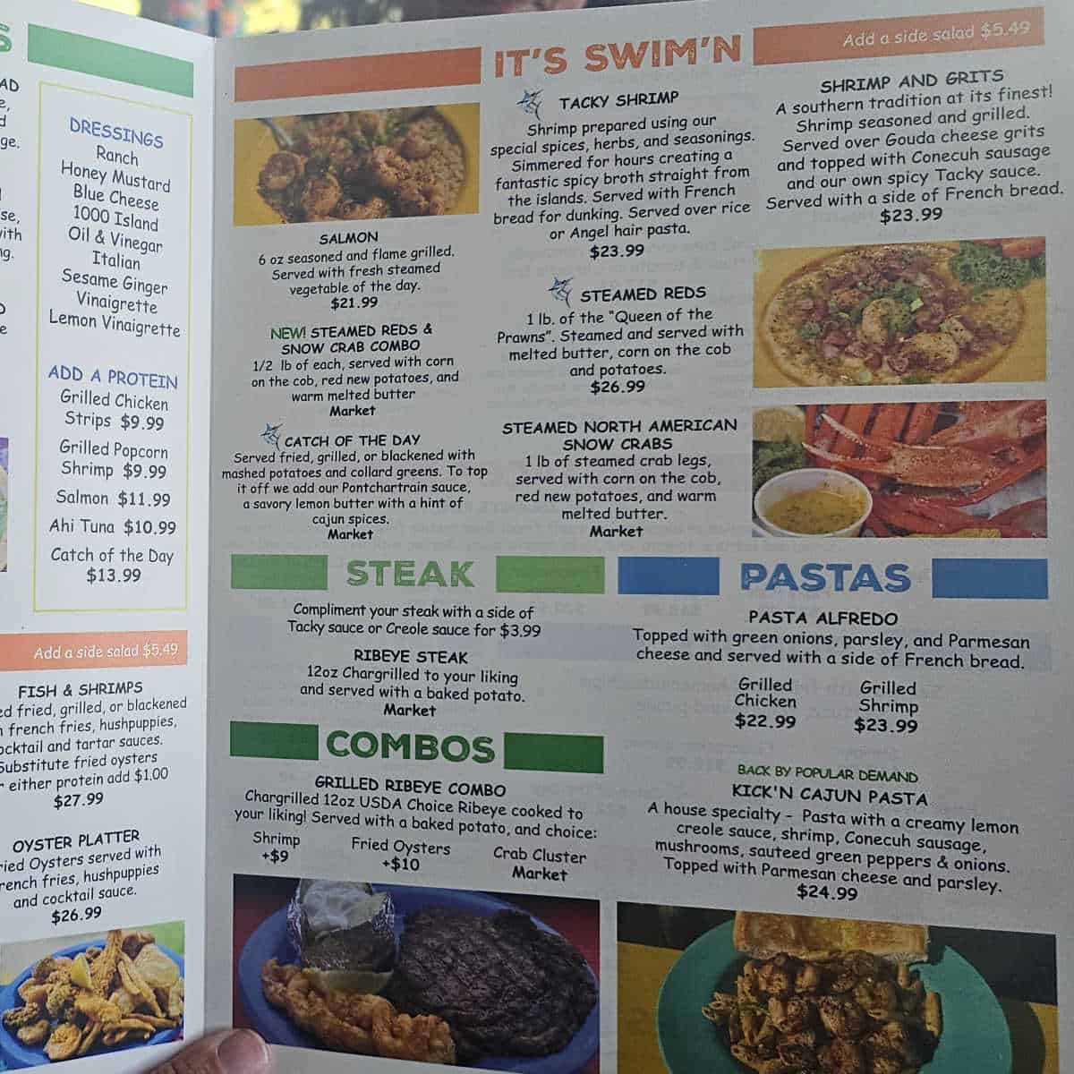 Tacky Jacks Gulf Shores it's swim'n fish, steak, pasta, and combos menu