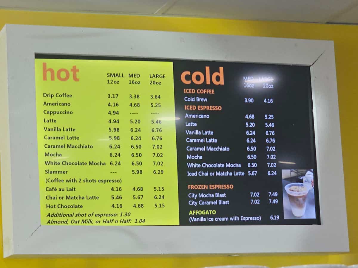 Hot and cold coffee and tea drinks menu on a video screen