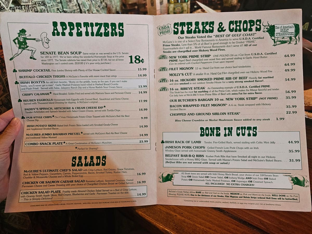 Appetizers, Steaks & Chops, Salads, Bone in Cuts Menu Mcguire's Irish Pub