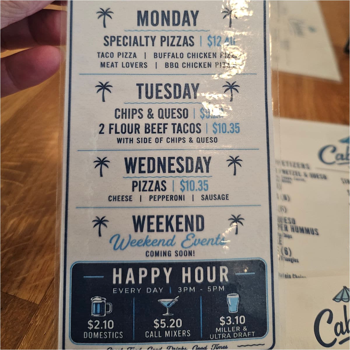 Cabanas Tap & Eatery Daily Specials Menu