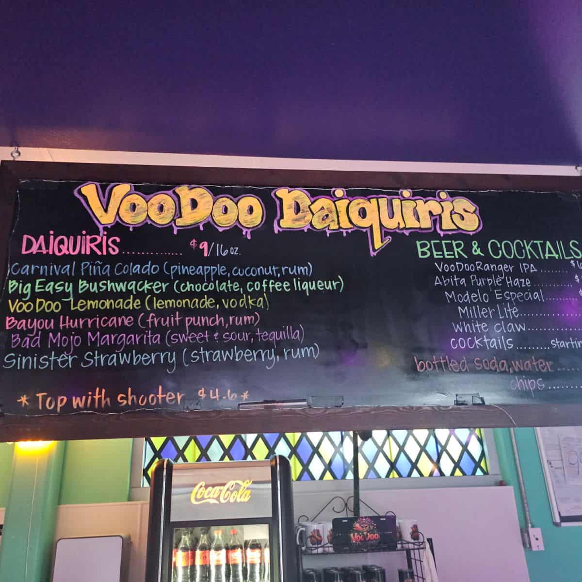 VooDoo Daiquiris menu with daiquiris, beers and cocktails